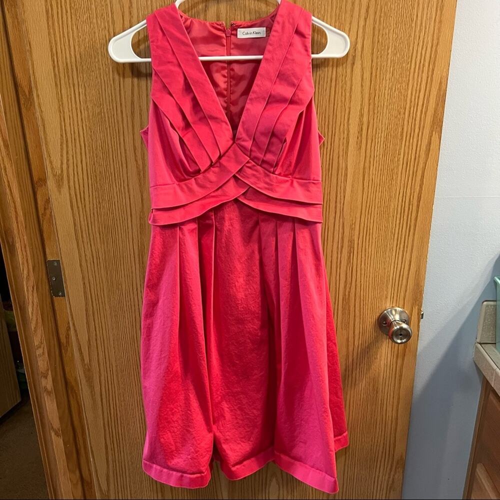 Calvin Klein Sleeveless Pink Fit & Flare Dress Women's Size 4 Plunging Neckline
